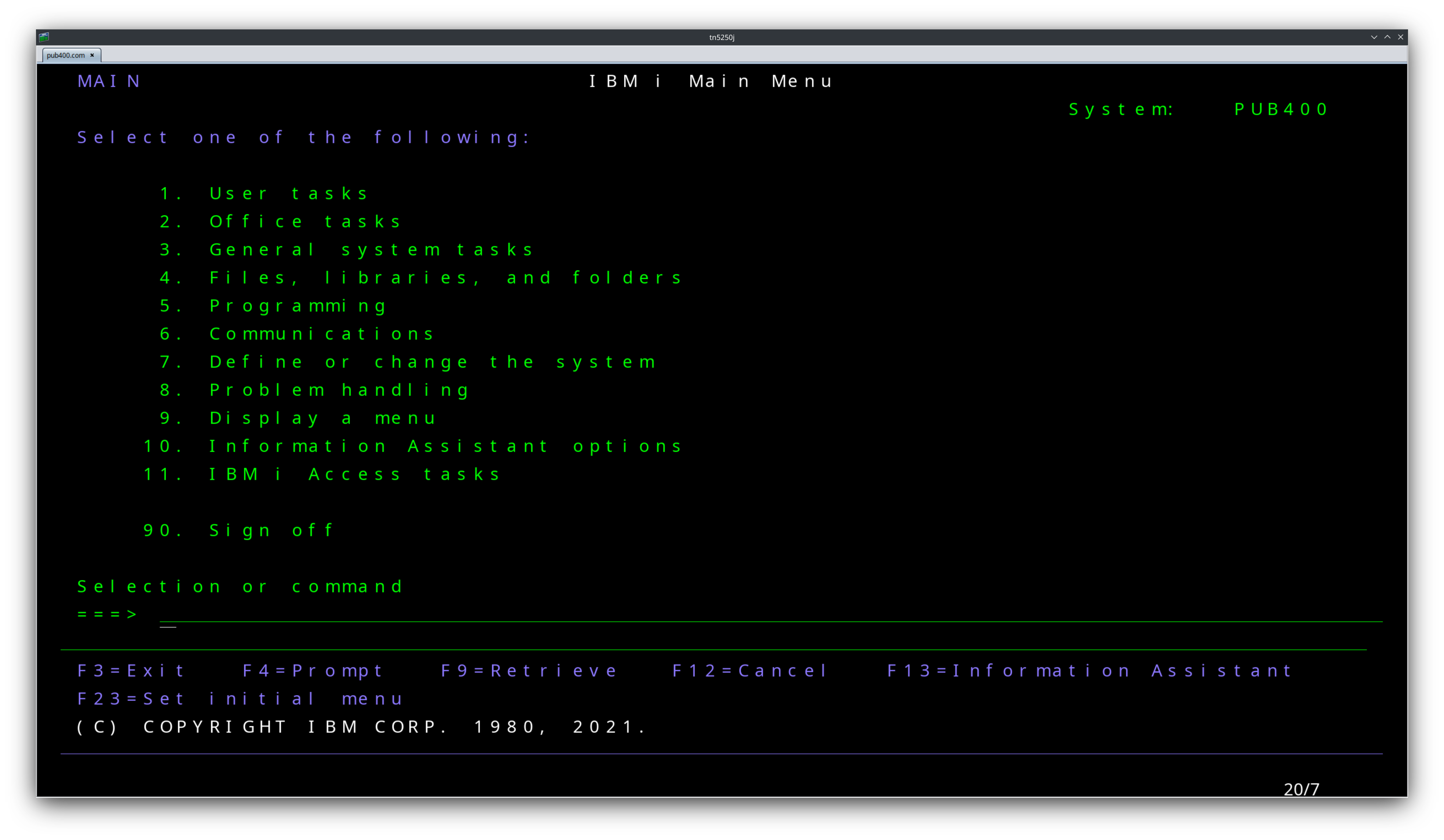 The MAIN menu screen as seen on a 5250 emulator.  For most users, this is the default menu when logging into an IBM i