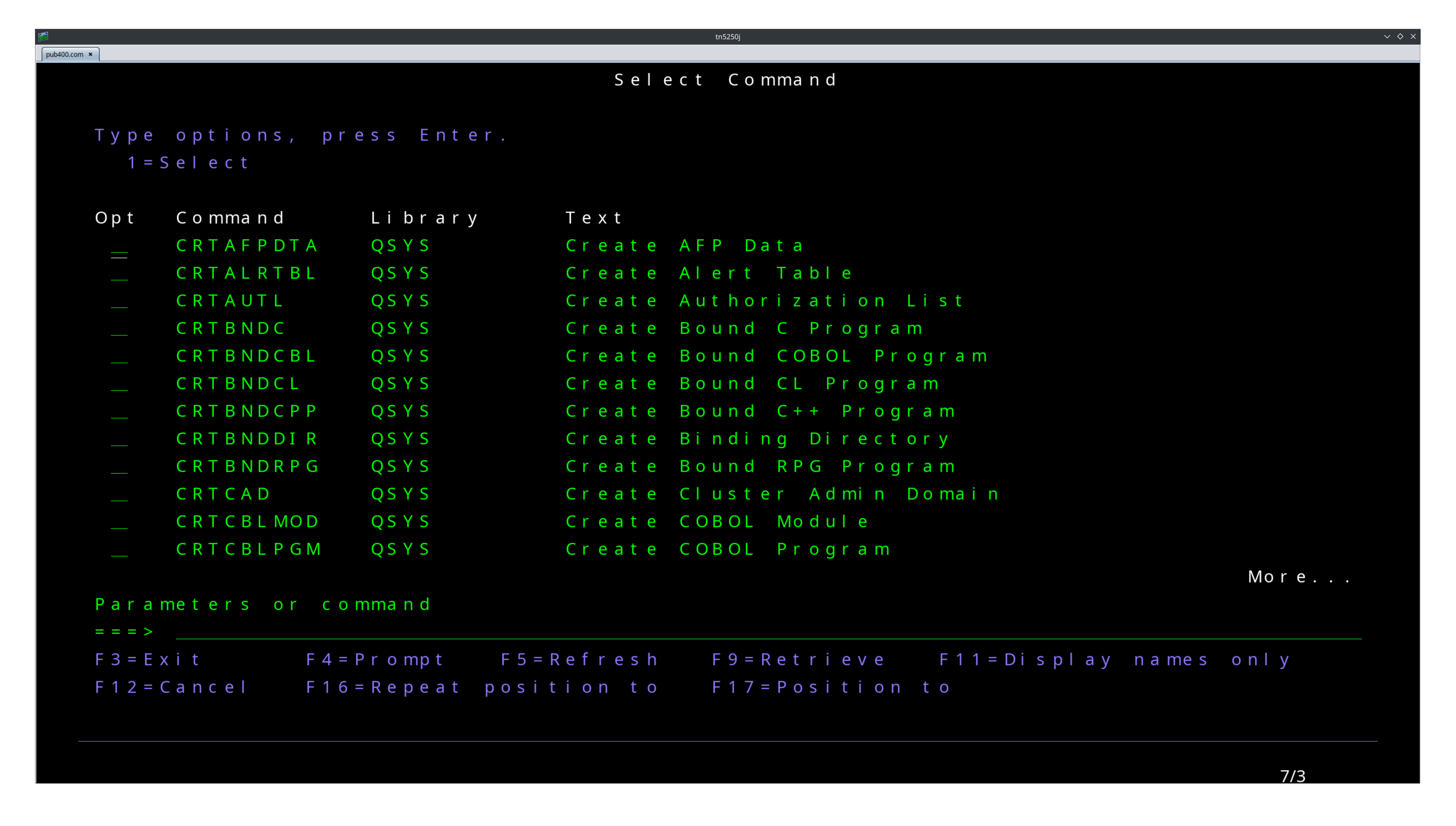 Listing of all commands that start with &ldquo;CRT&rdquo;